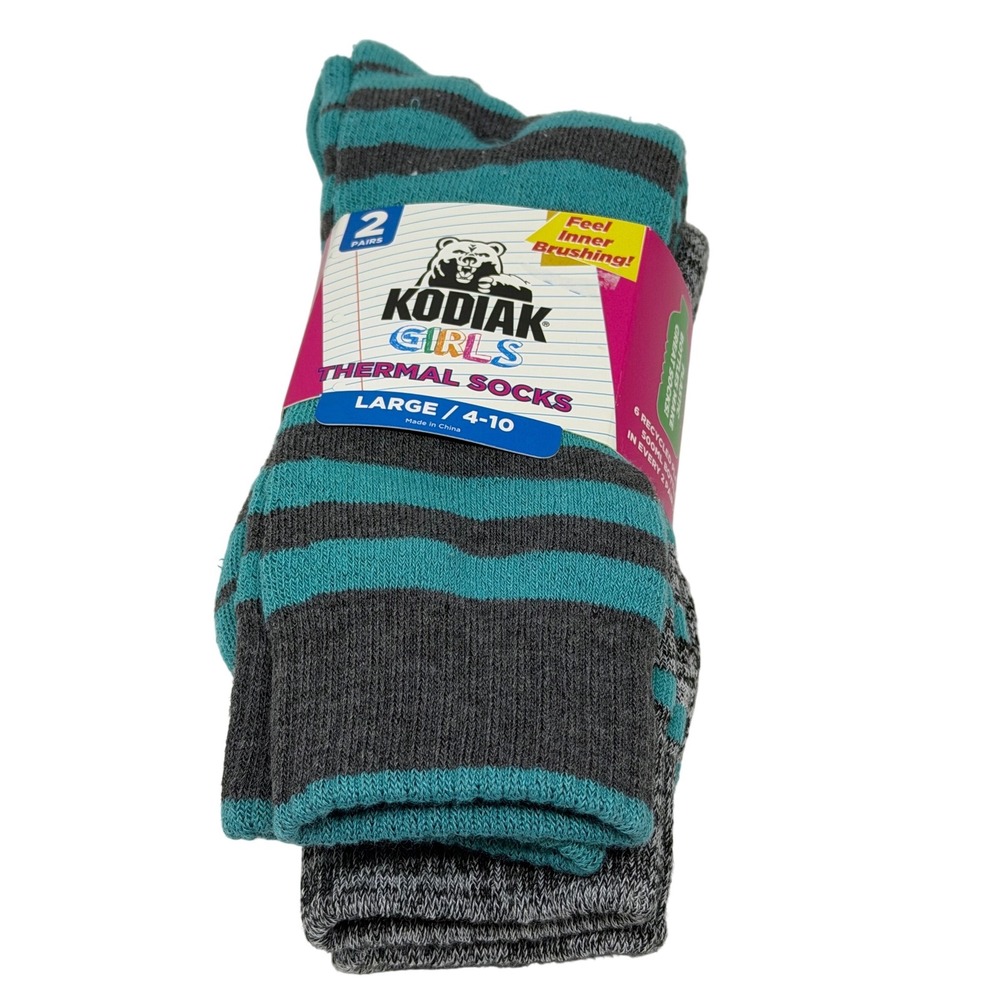 Kodiak Thermal Socks Aqua Grey Striped Girls Large Warm 2-Pack Style NWT Comfort